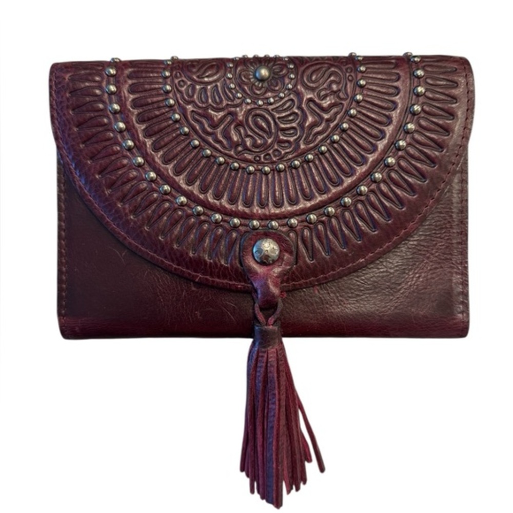 Patricia Nash Colli Plum Leather Trifold Tassel Stud Embellished Wallet